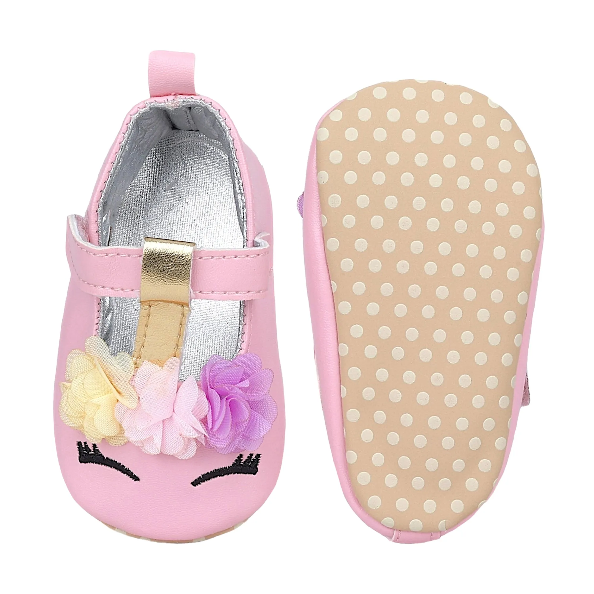 Baby Moo Cute Princess Metallic T-Strap Anti-Skid Ballerina Booties - Pink