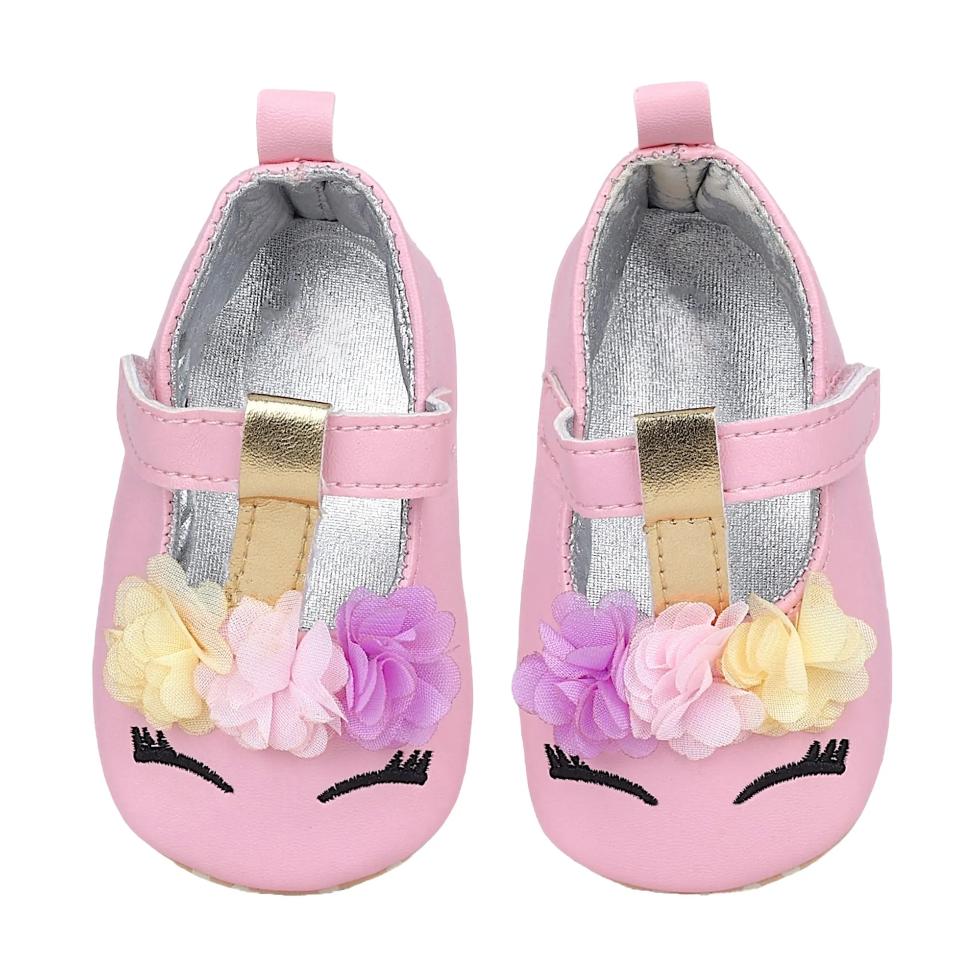 Baby Moo Cute Princess Metallic T-Strap Anti-Skid Ballerina Booties - Pink