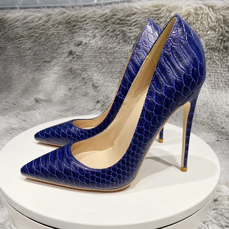 Pre Order:  Navy Crocodile Pattern Pointed-Toe Pumps Shoes