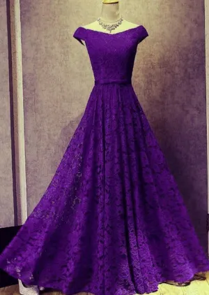 Solvbao Purple Lace Long Bridesmaid Dress, Off Shoulder Party Gown