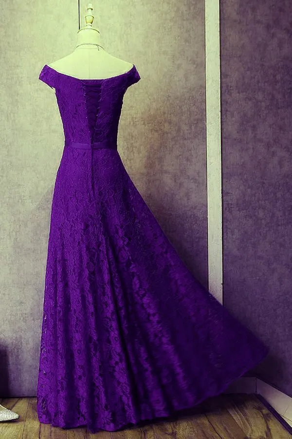 Solvbao Purple Lace Long Bridesmaid Dress, Off Shoulder Party Gown