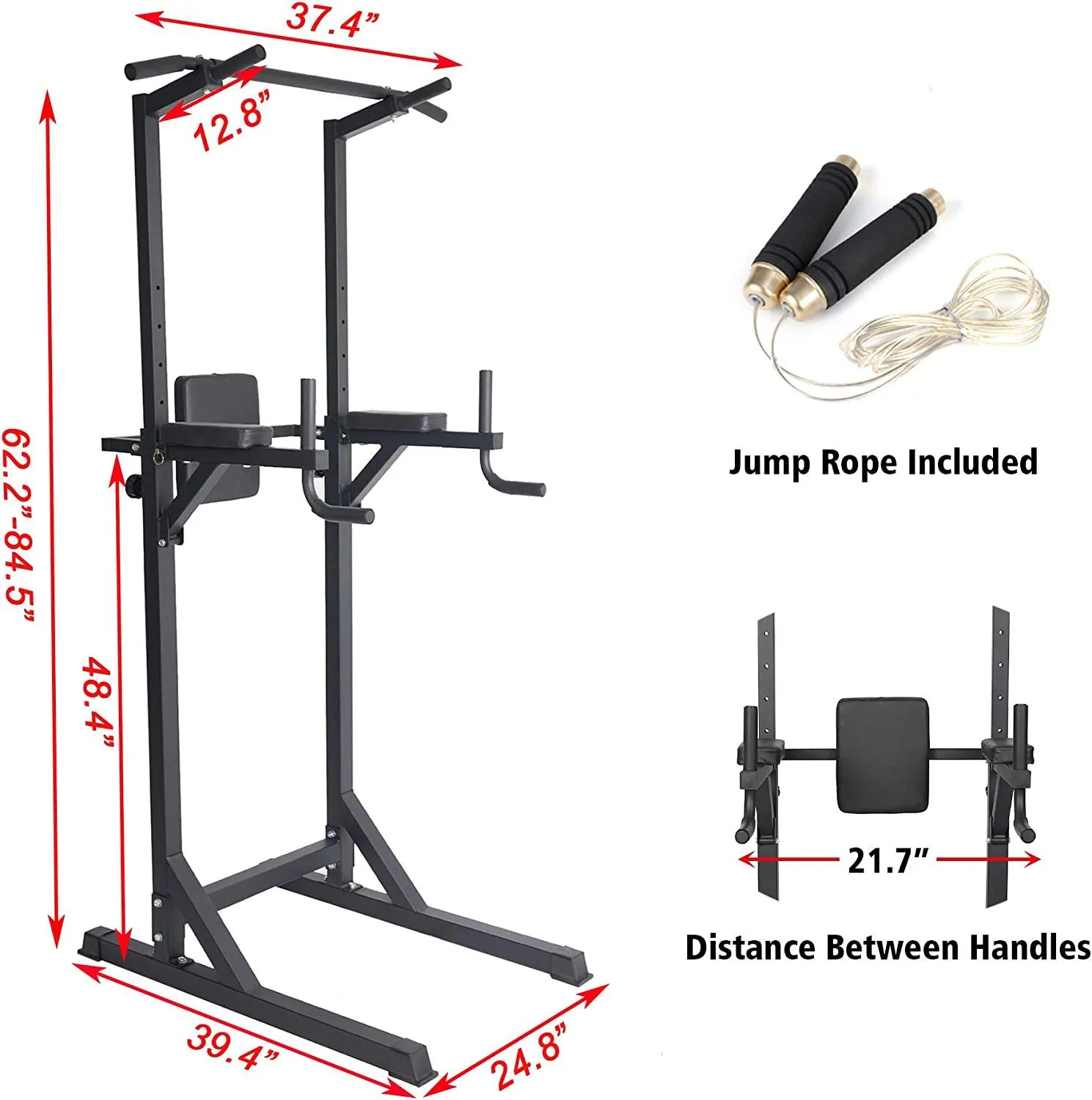 Strength Power Tower Dip Station Pull Up Bar Workout Equipment, Adjustable Height 62.2" to 84.5", Holds Up to 660LBS